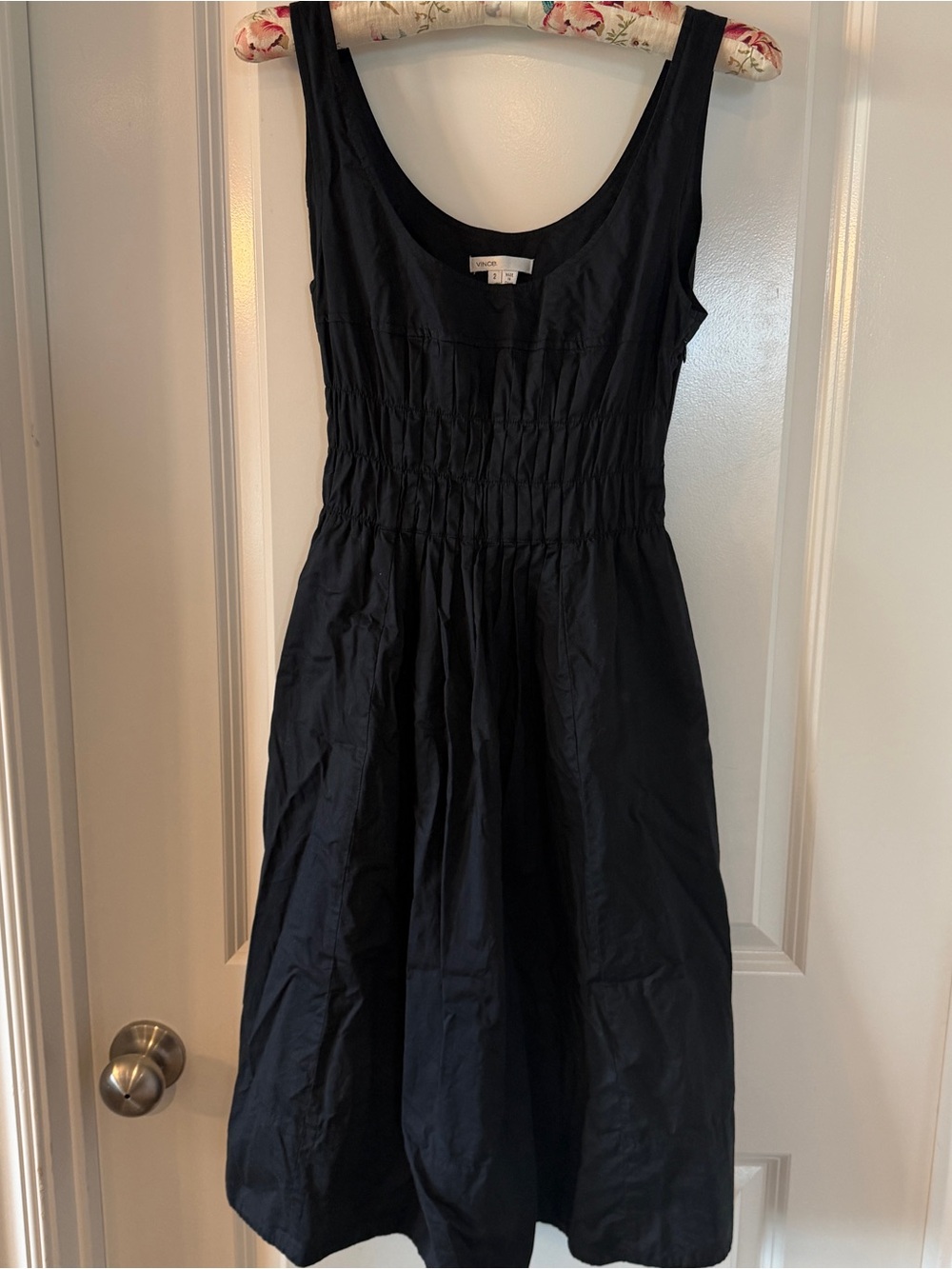Vince Women’s Sz 2 Black Sleeveless A-line Pintuck Pleated Bodice Dress Cotton